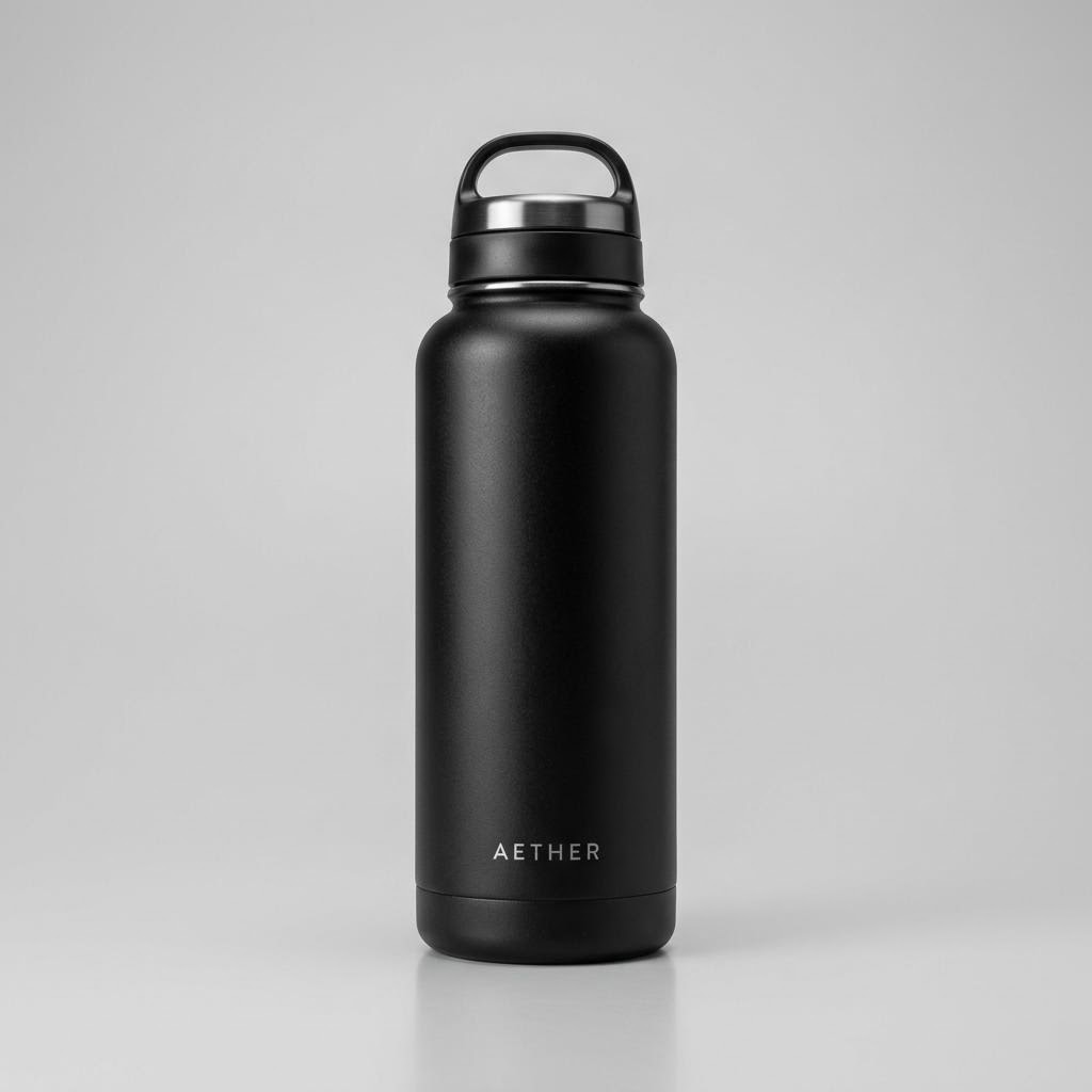 Nano Banana 2 output, matte black water bottle e-commerce product shot