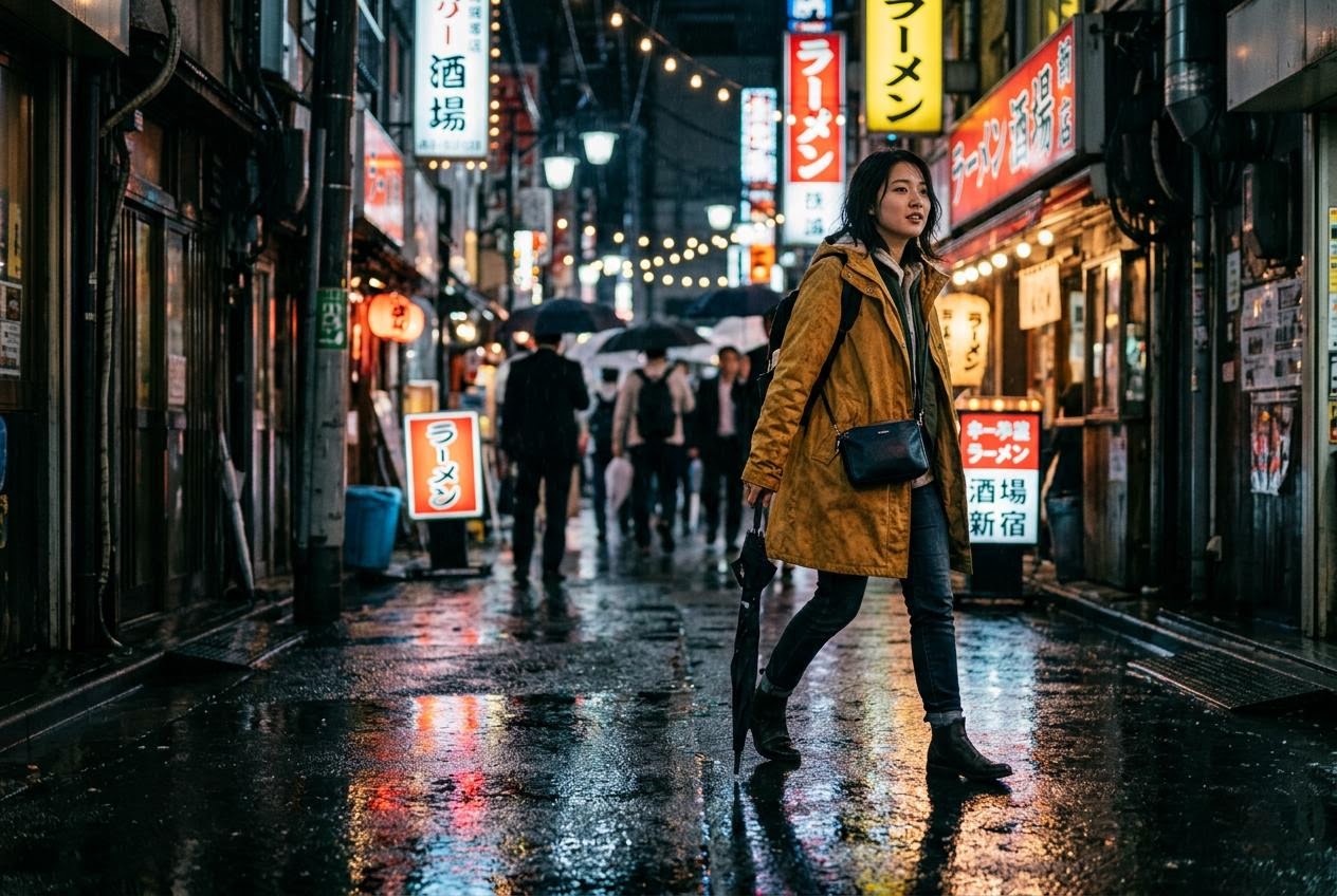Nano Banana 2 output, cinematic editorial rainy Tokyo alley at night