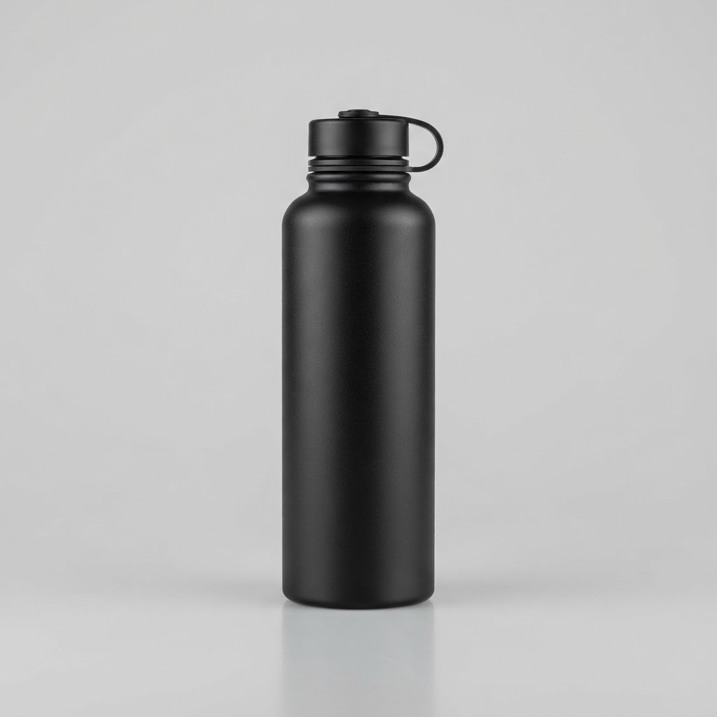 Nano Banana 2 Lite output, matte black water bottle e-commerce product shot