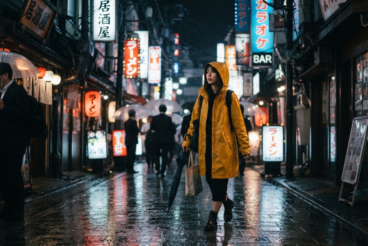 Nano Banana 2 Lite output, cinematic editorial rainy Tokyo alley at night