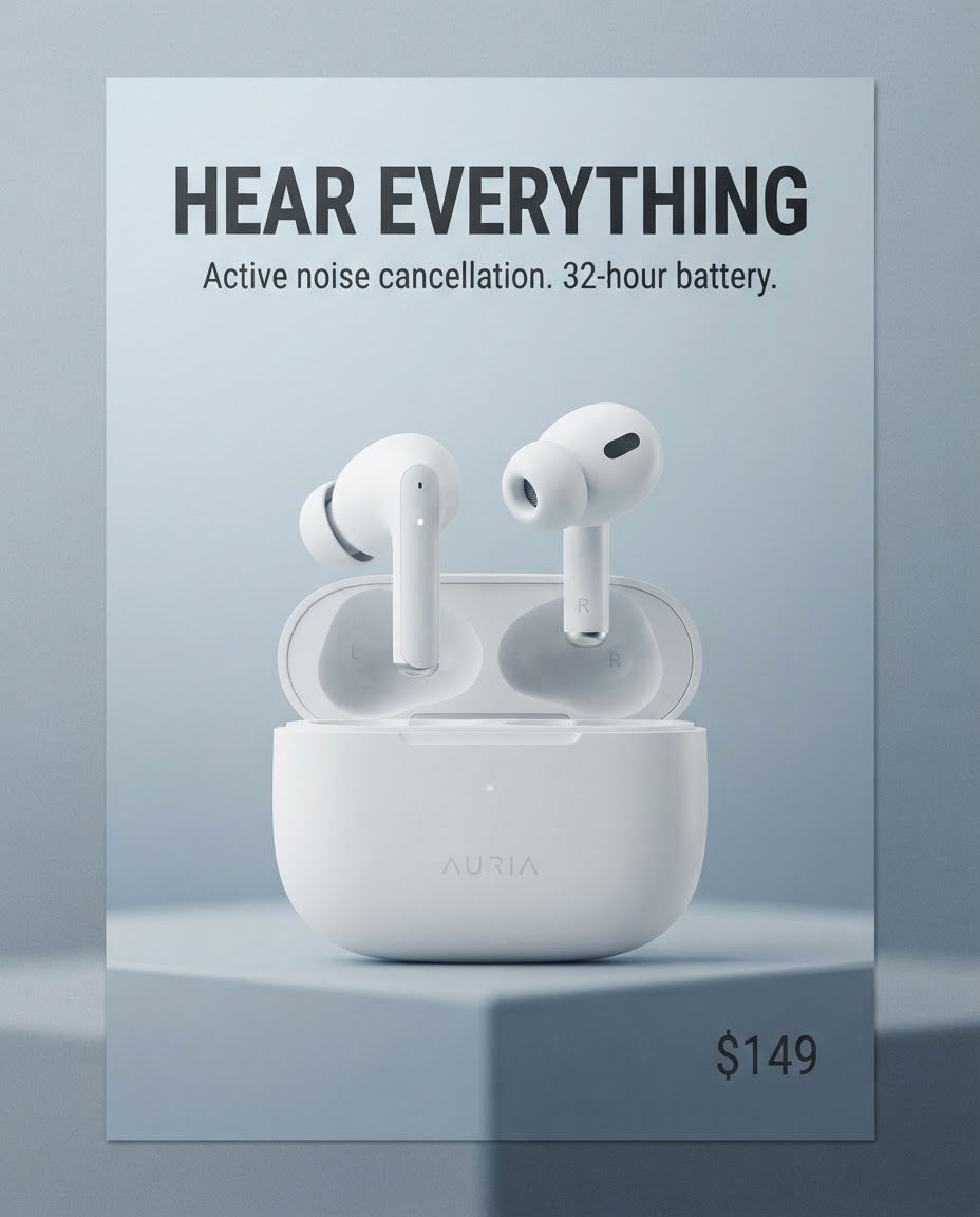 Nano Banana 2 Lite output, wireless earbuds launch poster HEAR EVERYTHING