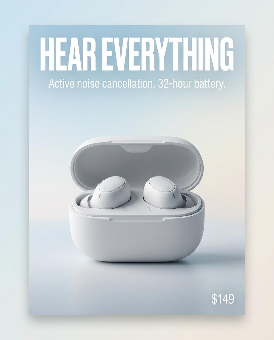 Nano Banana 2 output, wireless earbuds launch poster HEAR EVERYTHING