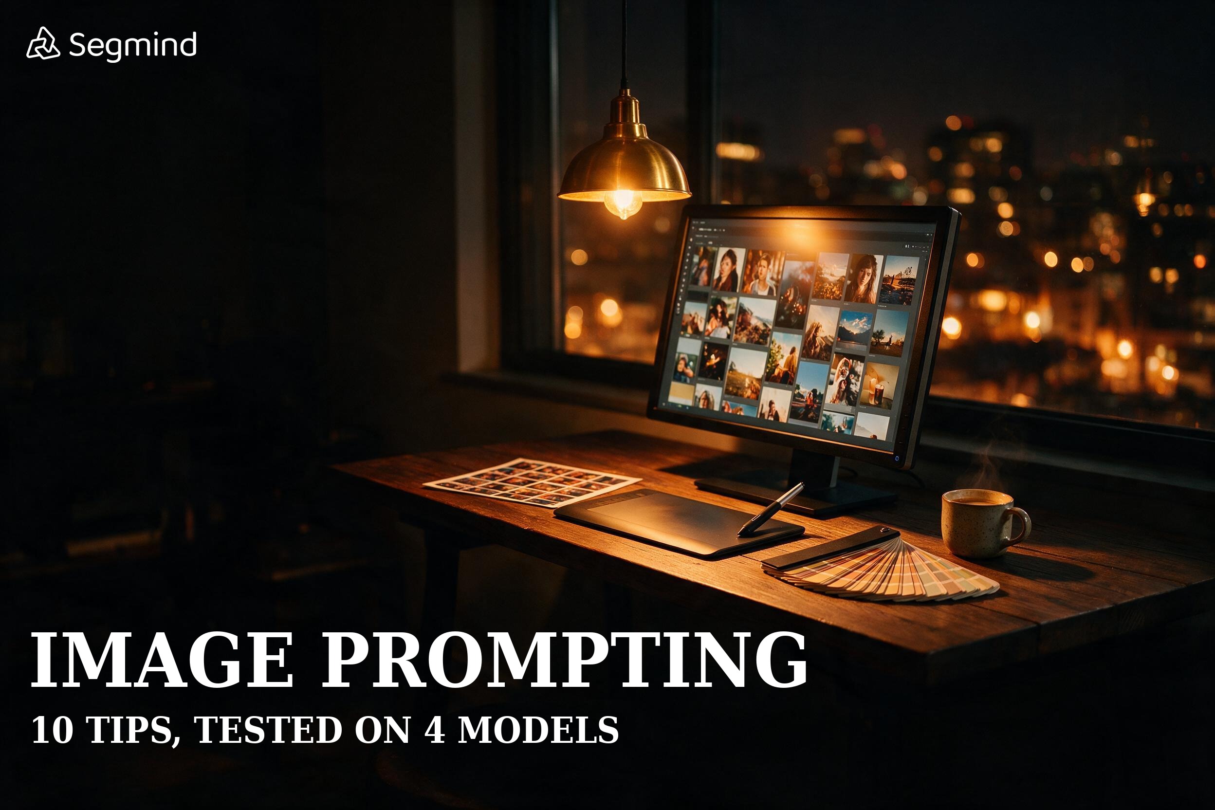 A designer's night workspace lit by a single warm pendant lamp, with the title Image Prompting