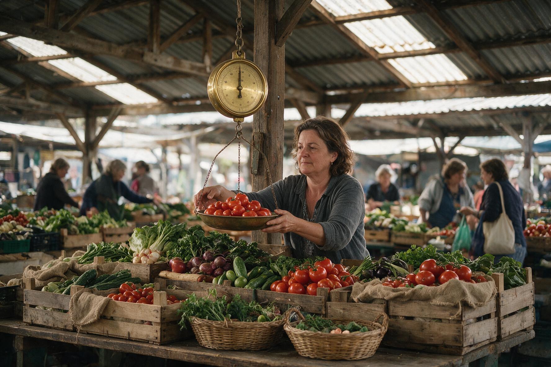 Seedream 5 Pro output, documentary style portrait of a woman weighing tomatoes