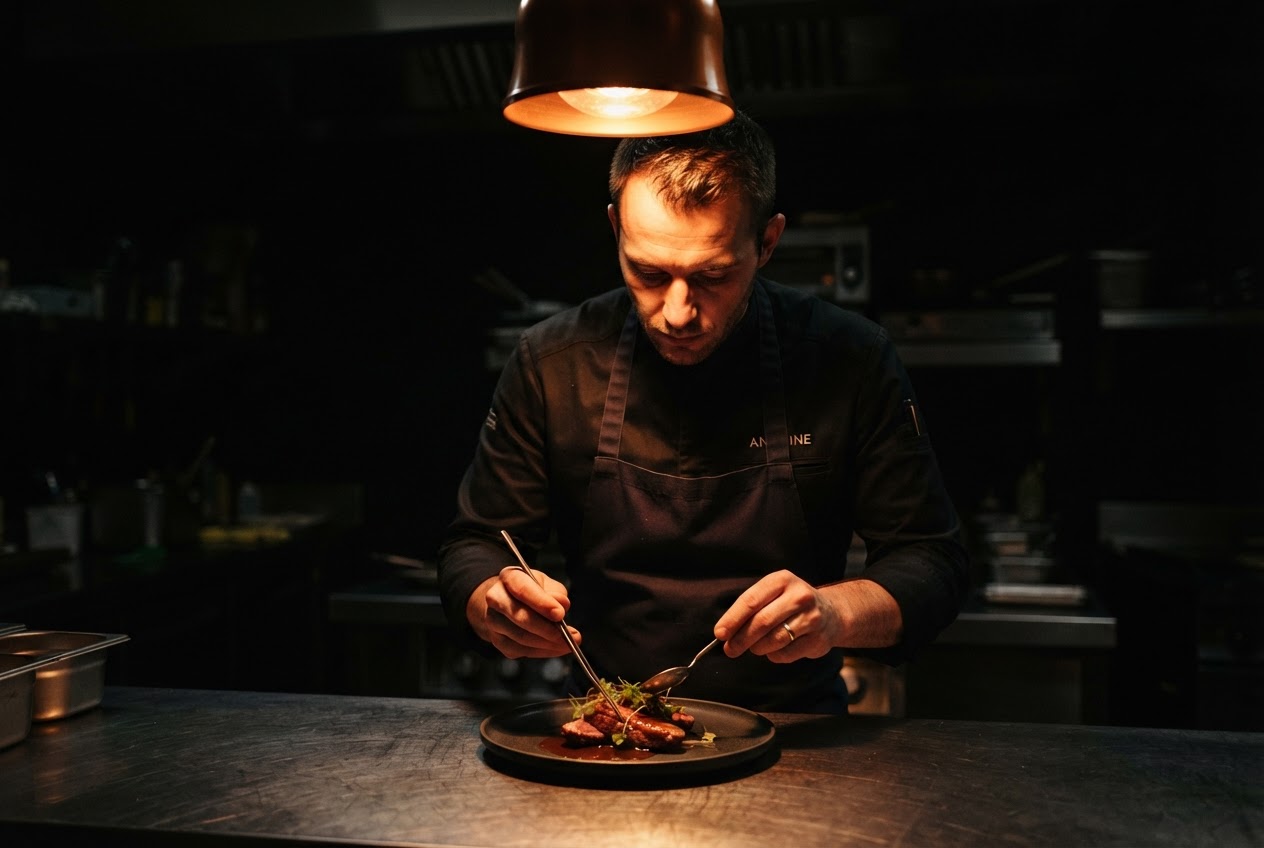 Nano Banana 2 Lite output, chef lit by a single overhead heat lamp against a black background