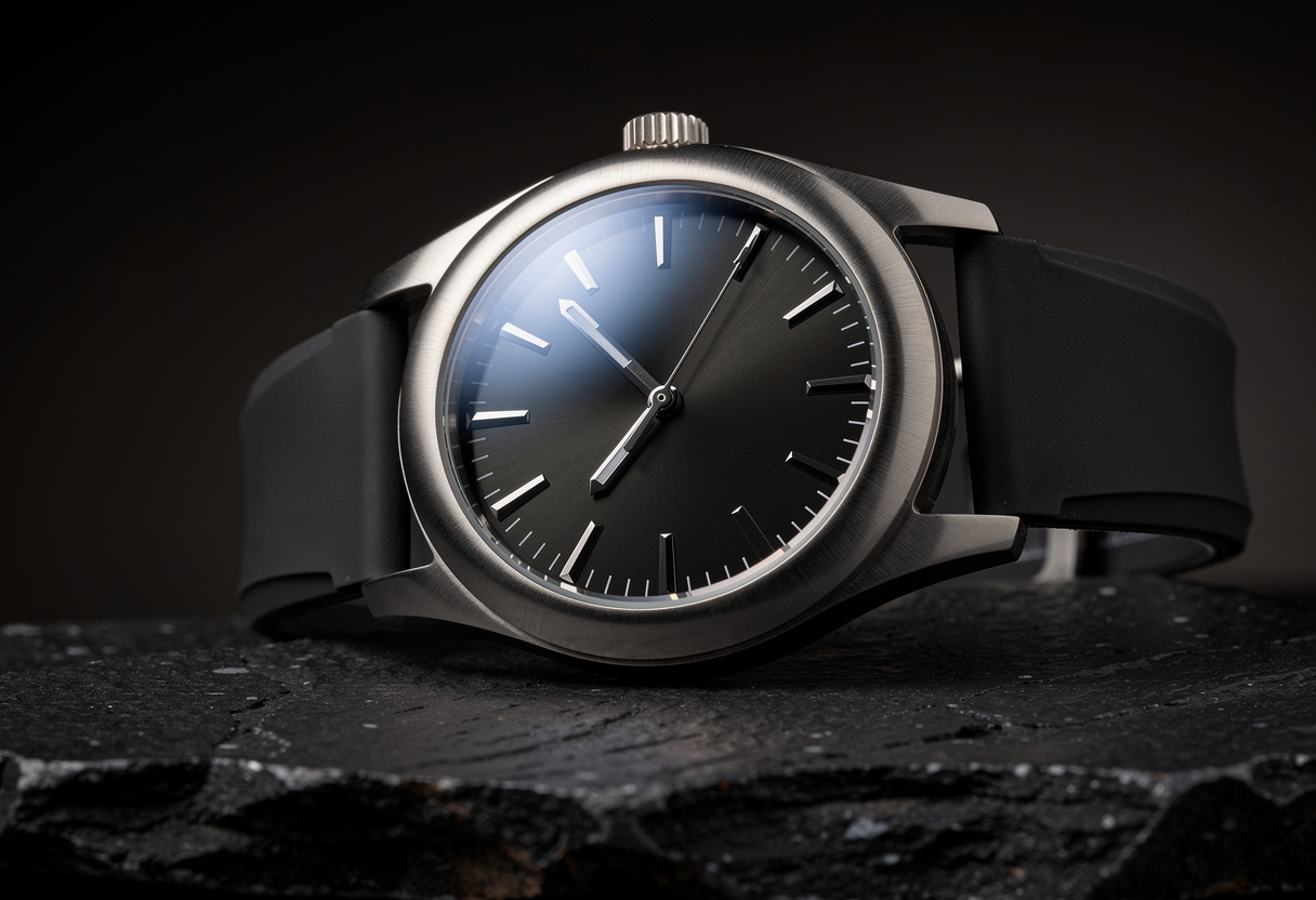 FLUX.2 Pro output, titanium watch with rubber strap on black basalt