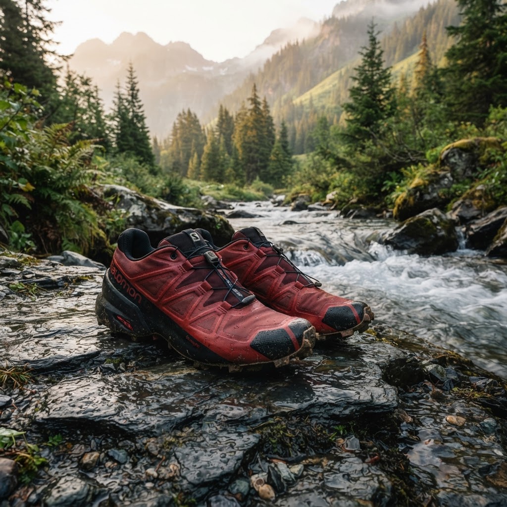 Nano Banana 2 Lite output, square composition of trail shoes by a stream