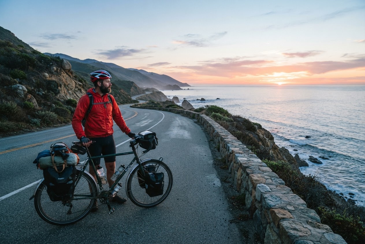 Nano Banana 2 Lite output, cyclist in a red jacket on a coastal road