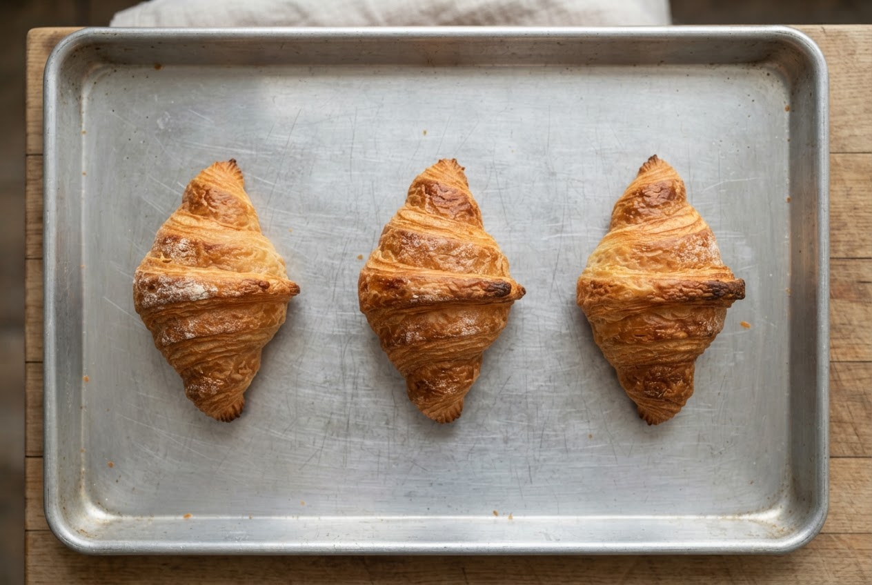 Nano Banana 2 Lite output, exactly three croissants in a row on a steel tray