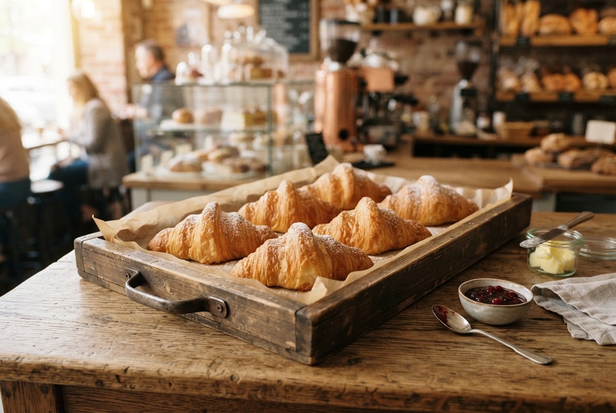 Nano Banana 2 Lite output, a pile of croissants on a wooden tray in a bakery