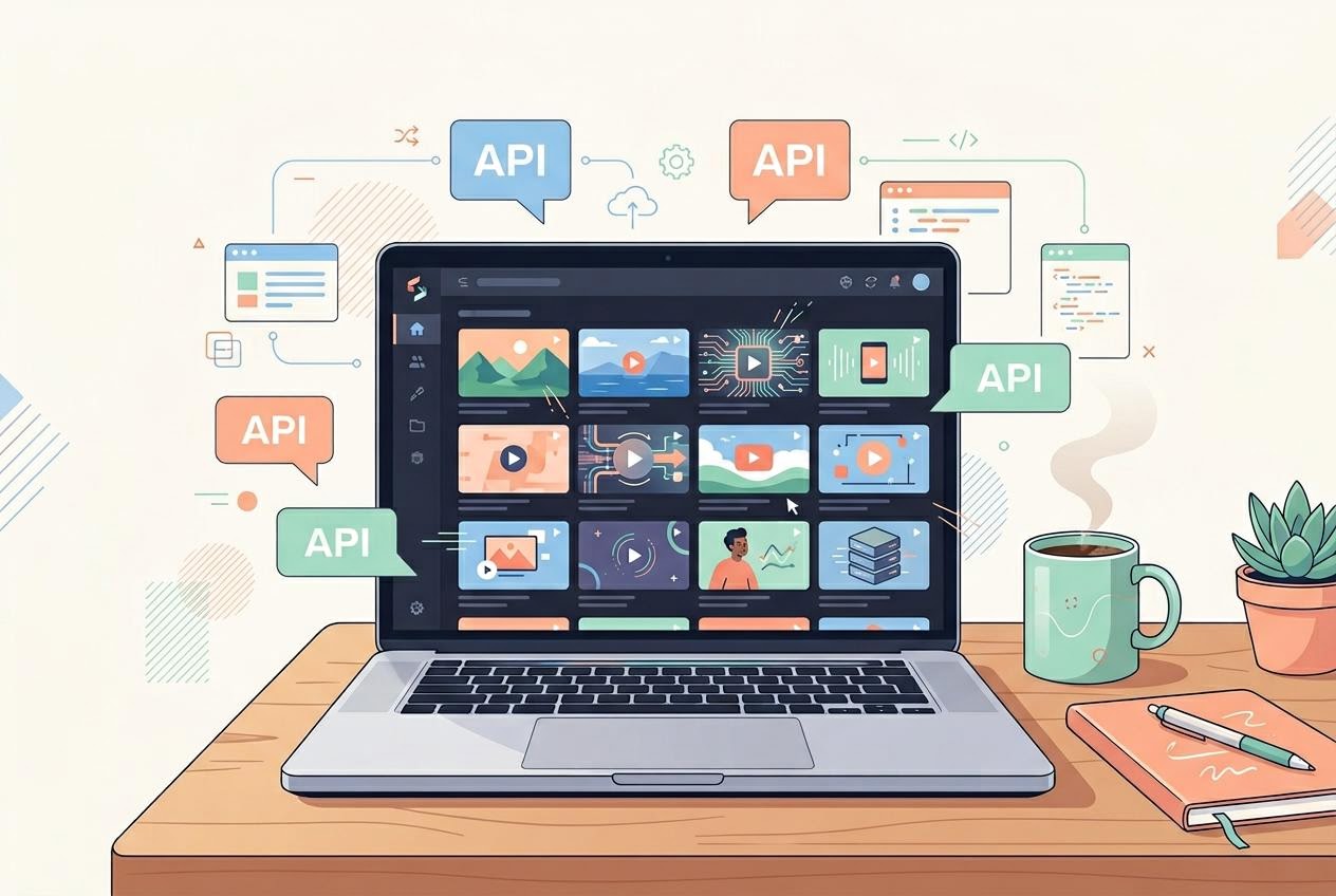 Editorial illustration of a text to video API workspace with floating video frame thumbnails