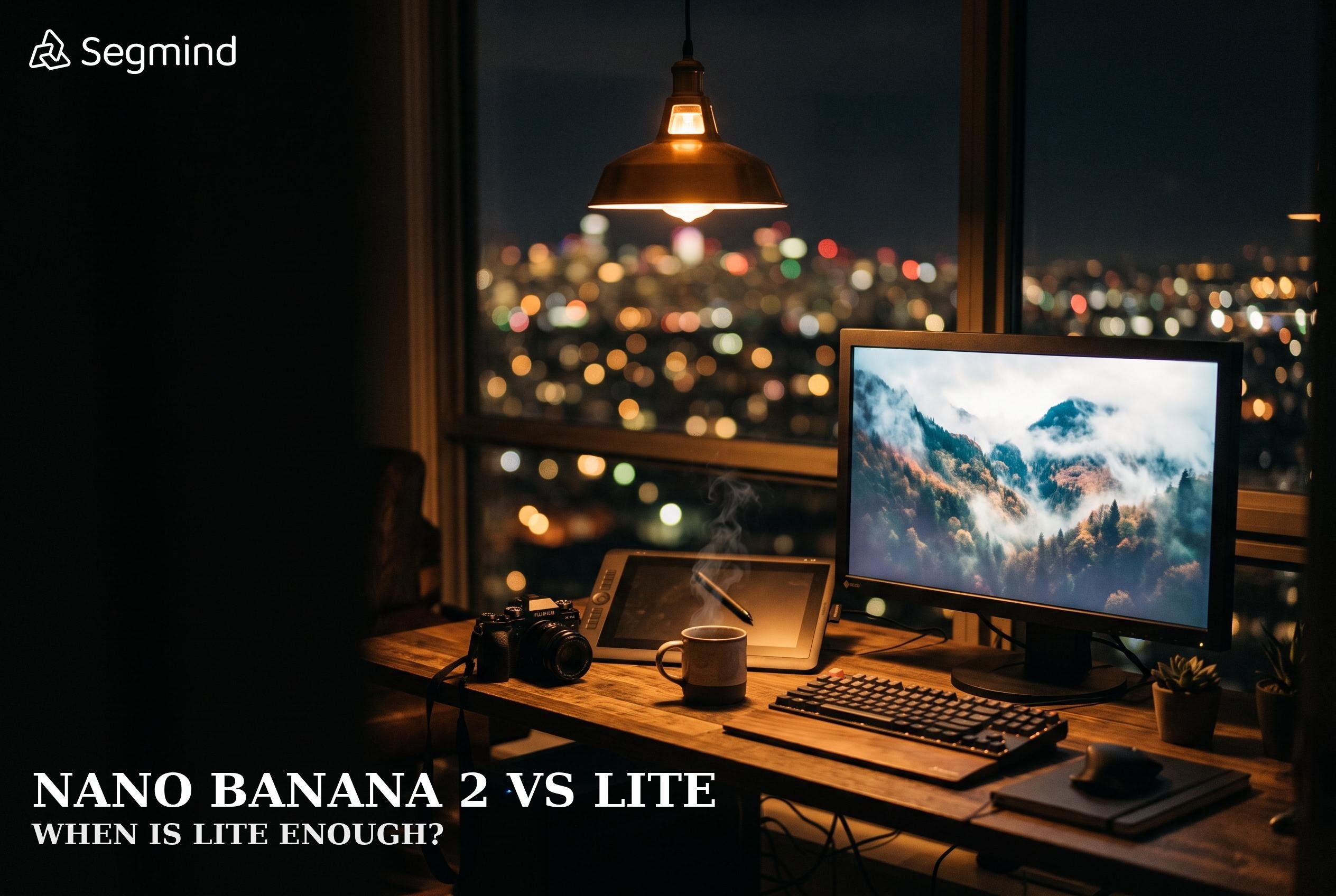 Nano Banana 2 vs Nano Banana 2 Lite comparison, cinematic designer workspace at night